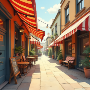 Retro — Charming Market Street Lined With Striped Illustration Styles #0149 (Ideogram)