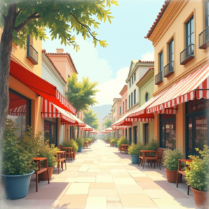 Retro — Charming Market Street Lined With Striped Illustration Styles #0173 (Ideogram)