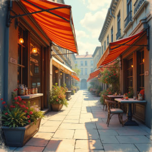 Retro — Charming Market Street Lined With Striped Illustration Styles #0185 (Ideogram)