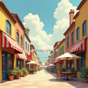 Retro — Charming Market Street Lined With Striped Illustration Styles #0197 (Ideogram)