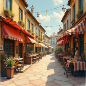 Retro — Charming Market Street Lined With Striped Illustration Styles #0203 (FLUX)