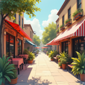Retro — Charming Market Street Lined With Striped Illustration Styles #0209 (Ideogram)