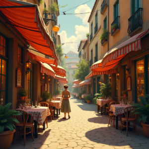 Retro — Charming Market Street Lined With Striped Illustration Styles #0221 (Ideogram)