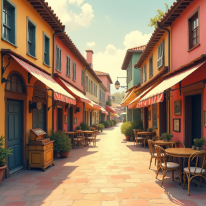 Retro — Charming Market Street Lined With Striped Illustration Styles #0237 (Midjourney)