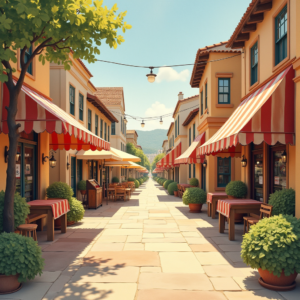 Retro — Charming Market Street Lined With Striped Illustration Styles #0243 (Firefly)
