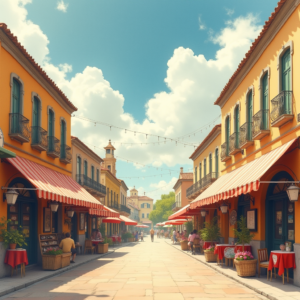 Retro — Charming Market Street Lined With Striped Illustration Styles #0249 (Midjourney)