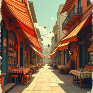 Retro — Charming Market Street Lined With Striped Illustration Styles #0255 (Firefly)