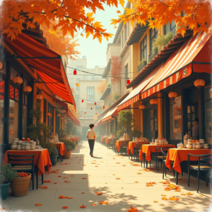 Retro — Charming Market Street Lined With Striped Illustration Styles #0261 (Midjourney)