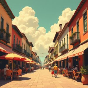 Retro — Charming Market Street Lined With Striped Illustration Styles #0267 (Firefly)
