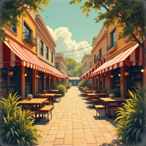 Retro — Charming Market Street Lined With Striped Illustration Styles #0279 (Firefly)