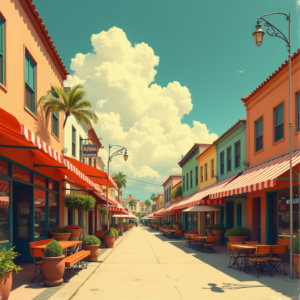 Retro — Charming Market Street Lined With Striped Illustration Styles #0285 (Midjourney)