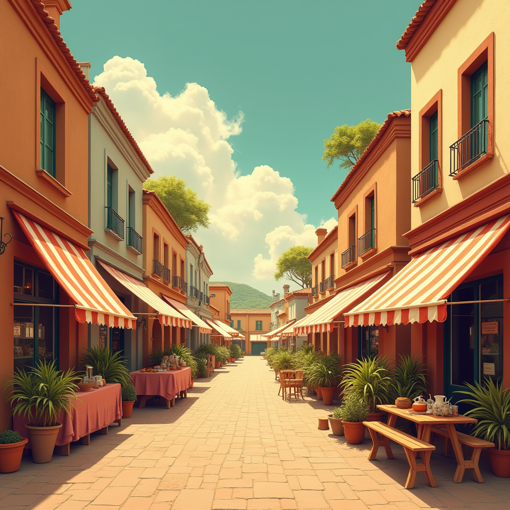 Retro — Charming Market Street Lined With Striped Illustration Styles #0303 (Firefly)
