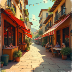 Retro — Charming Market Street Lined With Striped Illustration Styles #0309 (Midjourney)