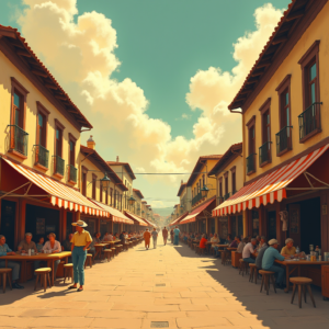 Retro — Charming Market Street Lined With Striped Illustration Styles #0321 (Midjourney)
