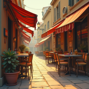 Retro — Charming Market Street Lined With Striped Illustration Styles #0327 (Firefly)