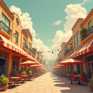 Retro — Charming Market Street Lined With Striped Illustration Styles #0339 (Firefly)