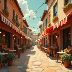 Retro — Charming Market Street Lined With Striped Illustration Styles #0345 (Midjourney)