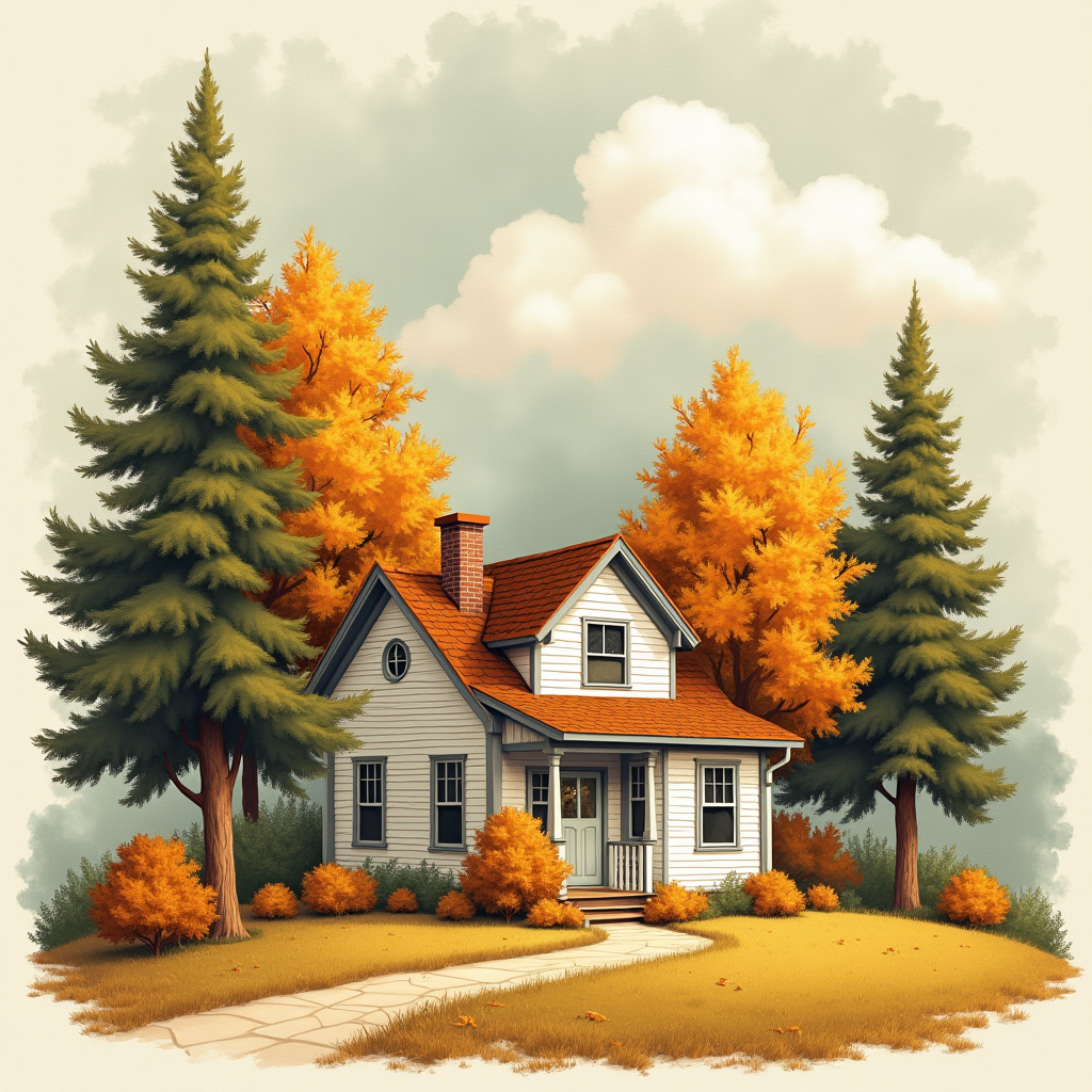 Retro — Cozy Countryside Cottage Nestled Among Tall Illustration Styles #0013 (Gemini)