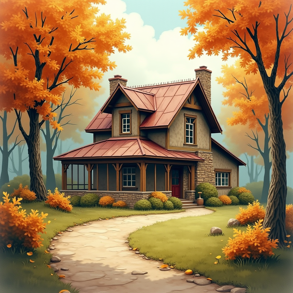 Retro — Cozy Countryside Cottage Nestled Among Tall Illustration Styles #0025 (Gemini)