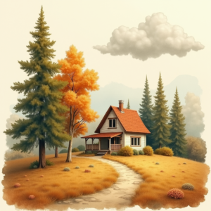 Retro — Cozy Countryside Cottage Nestled Among Tall Illustration Styles #0049 (Gemini)