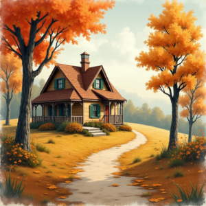 Retro — Cozy Countryside Cottage Nestled Among Tall Illustration Styles #0055 (Seedream)