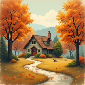 Retro — Cozy Countryside Cottage Nestled Among Tall Illustration Styles #0091 (Seedream)