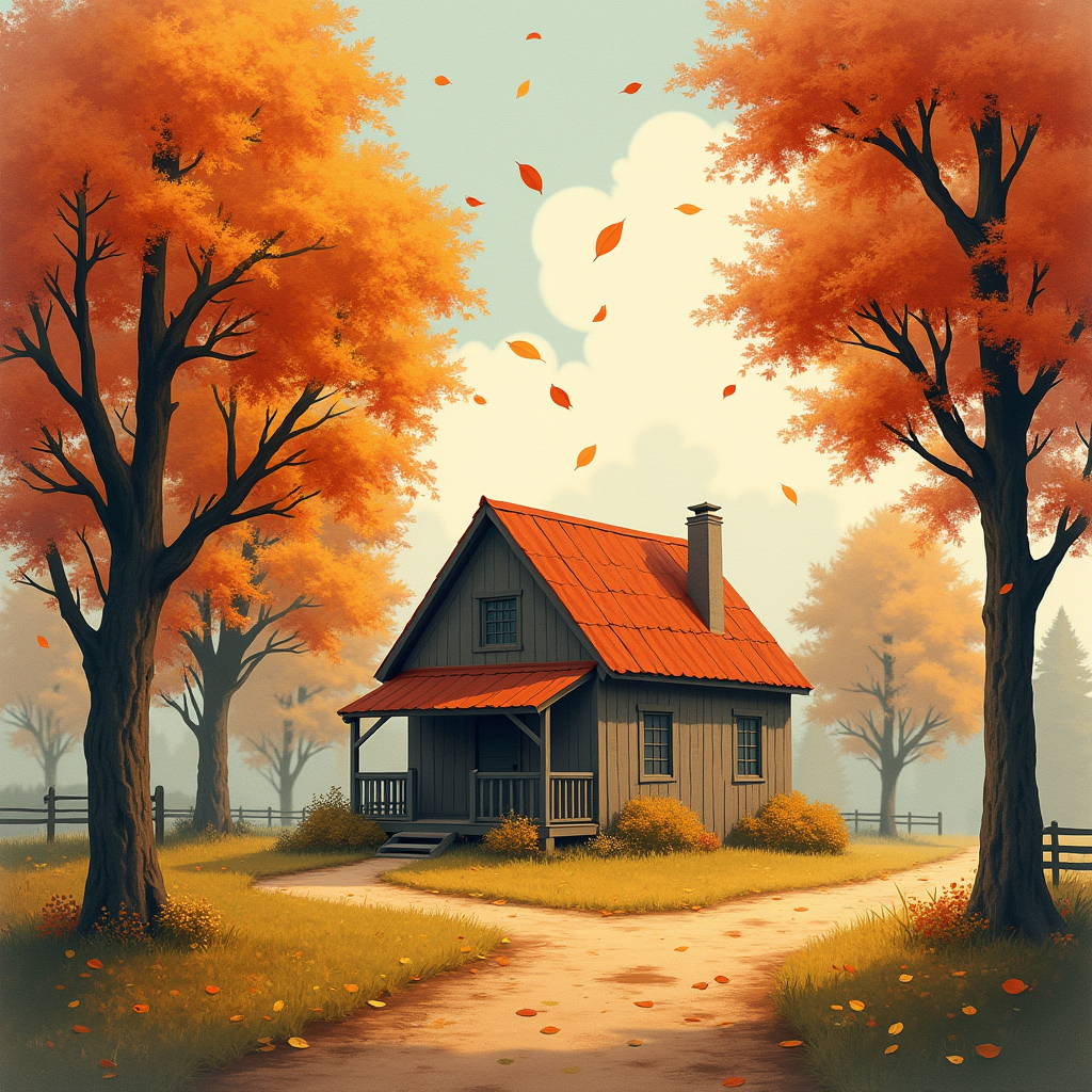 Retro — Cozy Countryside Cottage Nestled Among Tall Illustration Styles #0115 (Seedream)