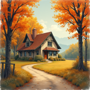 Retro — Cozy Countryside Cottage Nestled Among Tall Illustration Styles #0127 (Seedream)