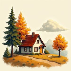 Retro — Cozy Countryside Cottage Nestled Among Tall Illustration Styles #0157 (Gemini)