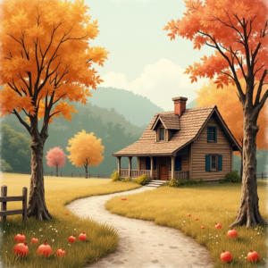 Retro — Cozy Countryside Cottage Nestled Among Tall Illustration Styles #0163 (Seedream)