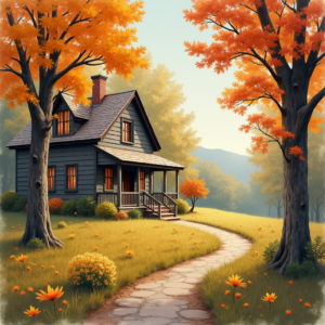 Retro — Cozy Countryside Cottage Nestled Among Tall Illustration Styles #0199 (Seedream)