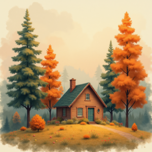 Retro — Cozy Countryside Cottage Nestled Among Tall Illustration Styles #0227 (FLUX)