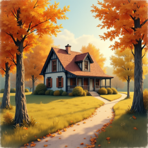 Retro — Cozy Countryside Cottage Nestled Among Tall Illustration Styles #0233 (Ideogram)
