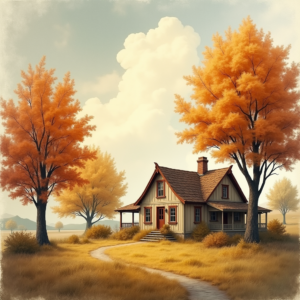 Retro — Cozy Countryside Cottage Nestled Among Tall Illustration Styles #0245 (Ideogram)