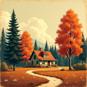 Retro — Cozy Countryside Cottage Nestled Among Tall Illustration Styles #0263 (FLUX)