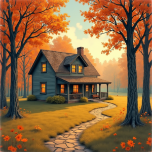 Retro — Cozy Countryside Cottage Nestled Among Tall Illustration Styles #0275 (FLUX)