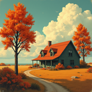 Retro — Cozy Countryside Cottage Nestled Among Tall Illustration Styles #0281 (Ideogram)