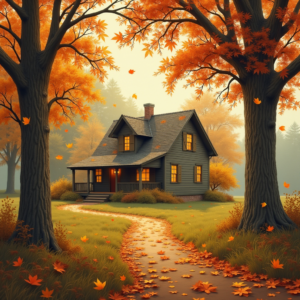 Retro — Cozy Countryside Cottage Nestled Among Tall Illustration Styles #0293 (Ideogram)