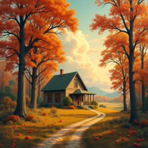 Retro — Cozy Countryside Cottage Nestled Among Tall Illustration Styles #0317 (Ideogram)