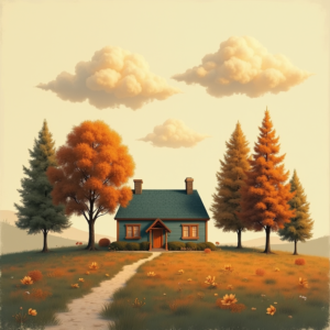 Retro — Cozy Countryside Cottage Nestled Among Tall Illustration Styles #0335 (FLUX)