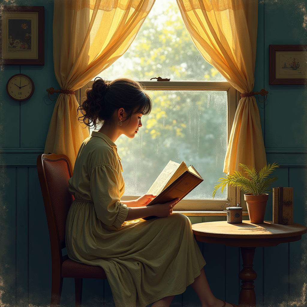 Retro — Nostalgic Figure Reading By A Rain-streaked Illustration Styles #0002 (ChatGPT)