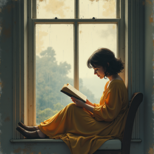 Retro — Nostalgic Figure Reading By A Rain-streaked Illustration Styles #0014 (ChatGPT)