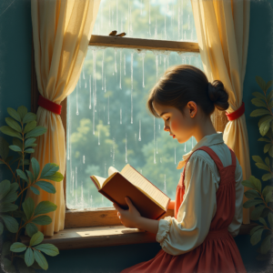 Retro — Nostalgic Figure Reading By A Rain-streaked Illustration Styles #0026 (ChatGPT)