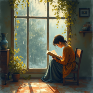 Retro — Nostalgic Figure Reading By A Rain-streaked Illustration Styles #0056 (Dreamina)