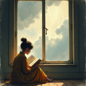 Retro — Nostalgic Figure Reading By A Rain-streaked Illustration Styles #0068 (Dreamina)