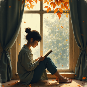 Retro — Nostalgic Figure Reading By A Rain-streaked Illustration Styles #0080 (Dreamina)