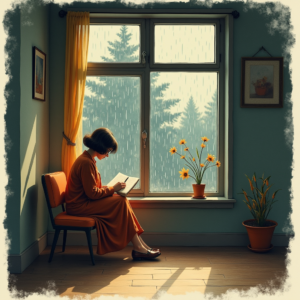 Retro — Nostalgic Figure Reading By A Rain-streaked Illustration Styles #0092 (Dreamina)