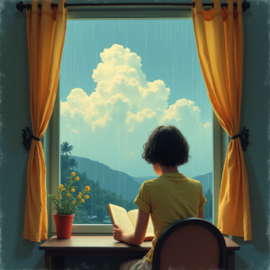 Retro — Nostalgic Figure Reading By A Rain-streaked Illustration Styles #0104 (Dreamina)