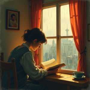 Retro — Nostalgic Figure Reading By A Rain-streaked Illustration Styles #0110 (ChatGPT)