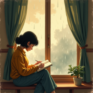 Retro — Nostalgic Figure Reading By A Rain-streaked Illustration Styles #0122 (ChatGPT)